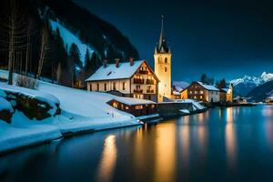 une ville dans le neige à nuit. généré par ai photo