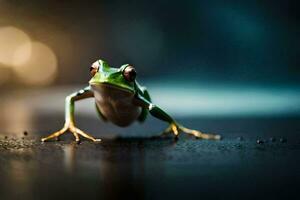 une grenouille est permanent sur le sol avec ses jambes diffuser. généré par ai photo