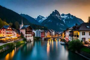 photo fond d'écran le ciel, montagnes, ville, rivière, montagnes, Suisse, Alpes,. généré par ai