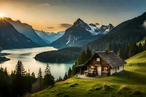 le maison dans le montagnes. généré par ai photo