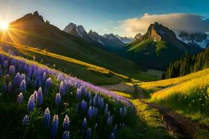 le Soleil brille sur le montagnes et fleurs dans le premier plan. généré par ai photo