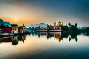 le palais et Lac à le coucher du soleil dans Inde. généré par ai photo