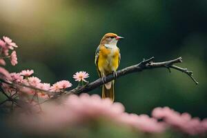 une oiseau est assis sur une branche avec rose fleurs. généré par ai photo