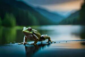 une grenouille séance sur le bord de une lac. généré par ai photo