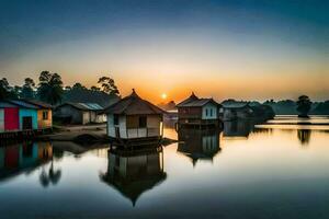 le Soleil ensembles plus de une Lac avec nombreuses petit Maisons. généré par ai photo