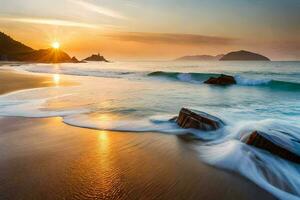 le Soleil monte plus de le océan dans cette magnifique plage scène. généré par ai photo