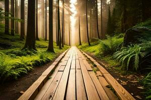 une en bois chemin dans le forêt avec lumière du soleil brillant par le des arbres. généré par ai photo