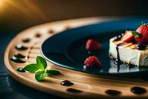 une dessert avec des fraises et crème sur une plaque. généré par ai photo