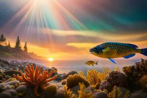 photo fond d'écran le ciel, poisson, corail, coucher de soleil, le mer, le soleil, le mer. généré par ai