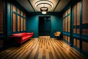 une couloir avec en bois planchers et bleu des murs. généré par ai photo