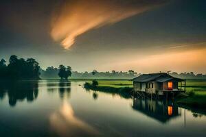 une maison est assis sur le bord de une Lac à le coucher du soleil. généré par ai photo