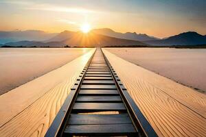 une train Piste de premier plan à le Soleil. généré par ai photo