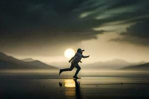 une homme fonctionnement dans le l'eau à le coucher du soleil. généré par ai photo