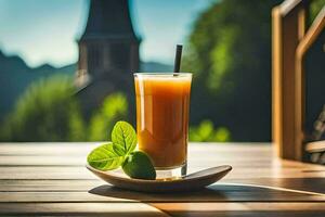 une verre de Orange jus sur une en bois tableau. généré par ai photo