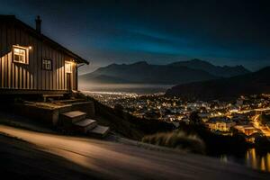 une petit cabine dans le montagnes à nuit. généré par ai photo
