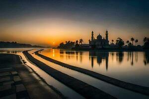 le Soleil monte plus de une mosquée dans le milieu de une lac. généré par ai photo