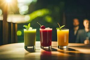 Trois différent les boissons séance sur une tableau. généré par ai photo