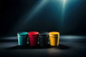 quatre coloré Plastique tasses sur une foncé Contexte. généré par ai photo