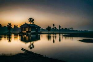 une petit maison est assis sur le bord de une Lac à le coucher du soleil. généré par ai photo