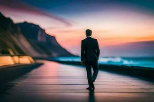 une homme dans une costume des promenades le long de une route à le coucher du soleil. généré par ai photo