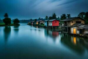 Maisons sur le l'eau à nuit. généré par ai photo