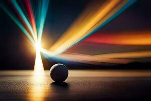 une Balle séance sur une table avec une brillant lumière derrière il. généré par ai photo