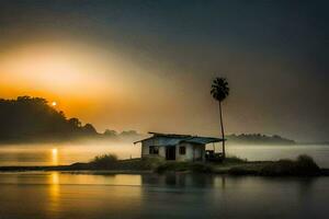 une petit cabane est assis sur le rive de une Lac à lever du soleil. généré par ai photo