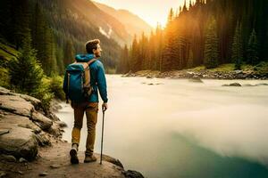 une homme avec une sac à dos permanent sur une Piste surplombant une rivière. généré par ai photo