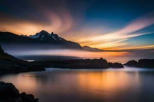 le coucher du soleil plus de le montagnes et l'eau. généré par ai photo