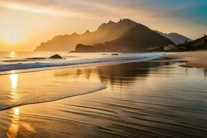 le Soleil ensembles plus de une plage et montagnes. généré par ai photo