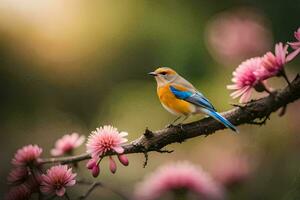 une bleu et Jaune oiseau est assis sur une branche avec rose fleurs. généré par ai photo