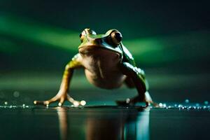 une grenouille est permanent sur le l'eau avec une vert lumière. généré par ai photo