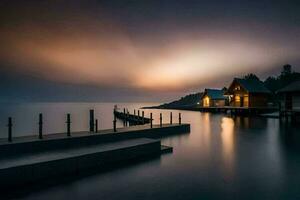 photo fond d'écran le ciel, eau, Dock, loger, le mer, le lac, le lac. généré par ai