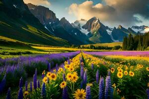 le fleurs de le prairie, le montagnes, et le tournesol champ. généré par ai photo
