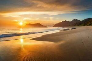 le Soleil ensembles sur le plage dans le Féroé îles. généré par ai photo