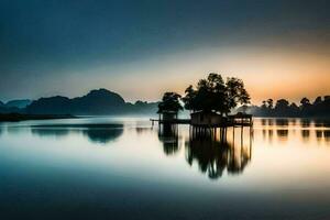 une petit maison sur le l'eau dans le milieu de une lac. généré par ai photo