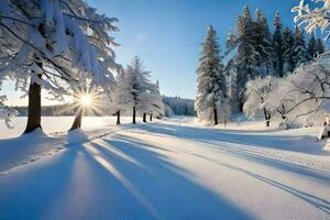 neige couvert des arbres et le Soleil brillant par le des arbres. généré par ai photo