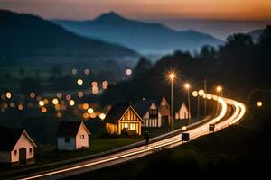 une longue exposition photo de une route et Maisons dans le soir. généré par ai