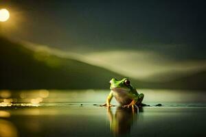 une grenouille séance sur le l'eau à nuit. généré par ai photo