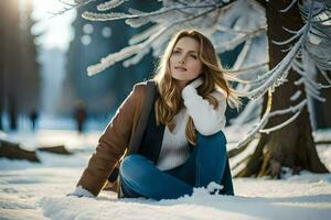 une femme séance dans le neige près des arbres. généré par ai photo