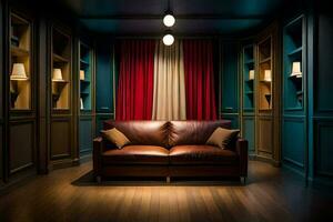 une pièce avec une canapé et une rouge rideau. généré par ai photo