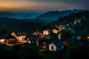 photo fond d'écran le ciel, montagnes, des arbres, Maisons, village, coucher de soleil, le village, le. généré par ai