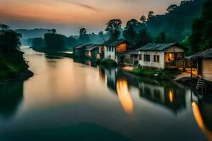 une rivière dans le milieu de une village à le coucher du soleil. généré par ai photo