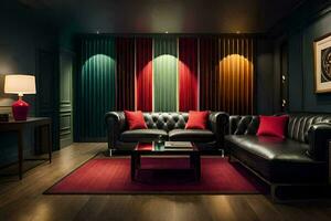 une vivant pièce avec noir cuir meubles et coloré rideaux. généré par ai photo