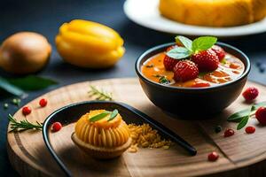 une bol de fruit et une gâteau sur une Coupe planche. généré par ai photo