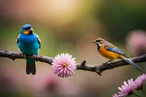 deux coloré des oiseaux séance sur une branche avec rose fleurs. généré par ai photo