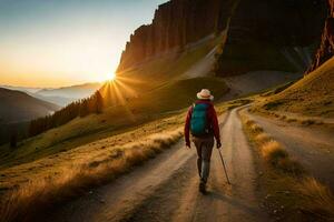 une la personne avec une sac à dos en marchant sur une saleté route dans le montagnes. généré par ai photo