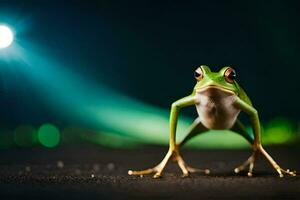 une grenouille est permanent sur ses jambes dans de face de une projecteur. généré par ai photo