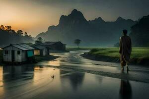 une homme en marchant le long de une rivière avec Maisons dans le Contexte. généré par ai photo