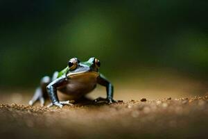 une grenouille séance sur le sol avec une vert Contexte. généré par ai photo